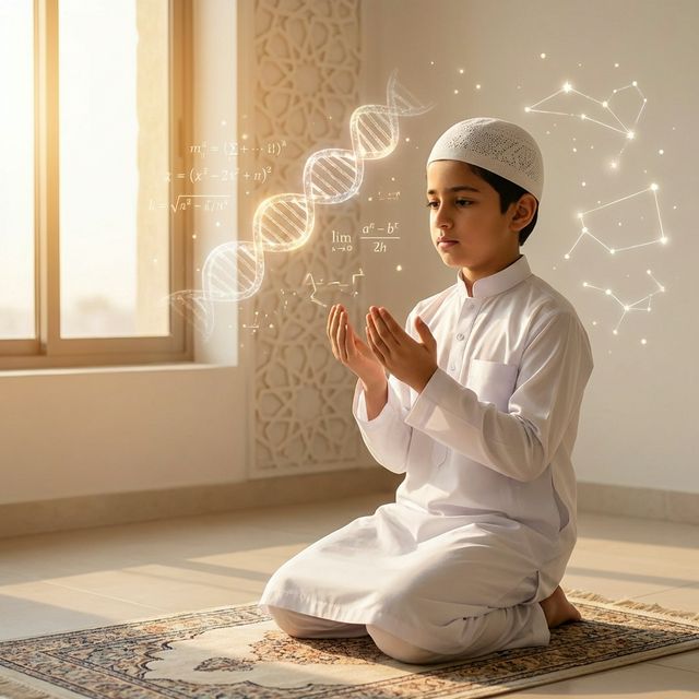 Boy Praying Namaz with Science Elements